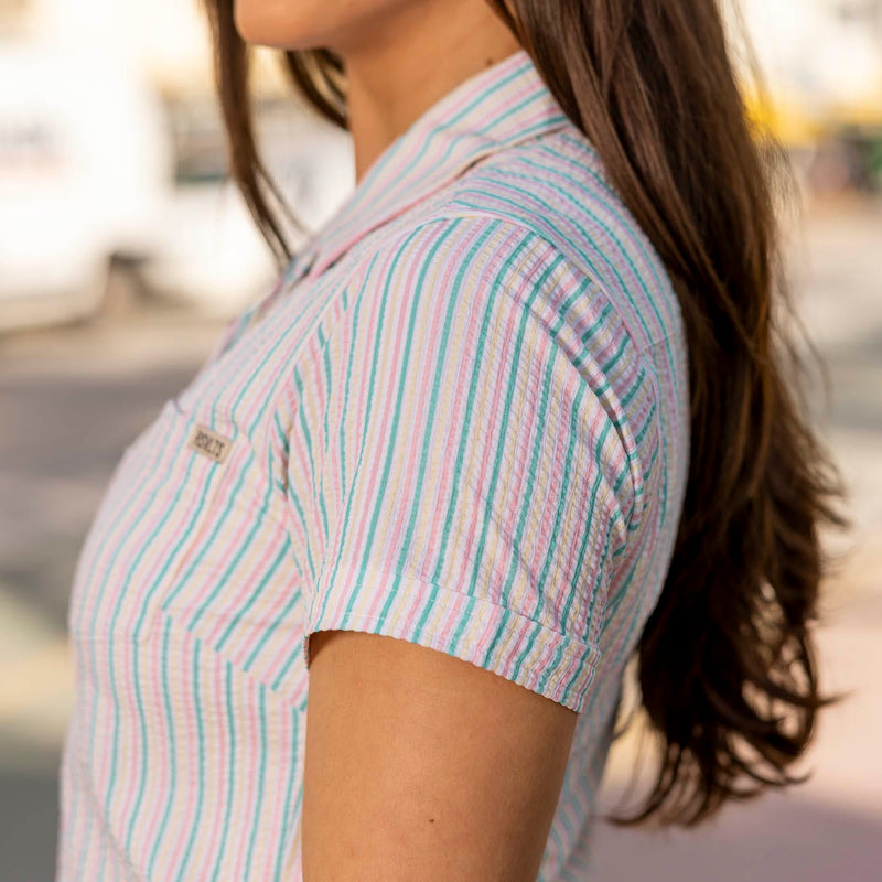 RSVLTS Easy Does It Women's Stretch Seersucker Short Sleeve Shirt in White — detail 5