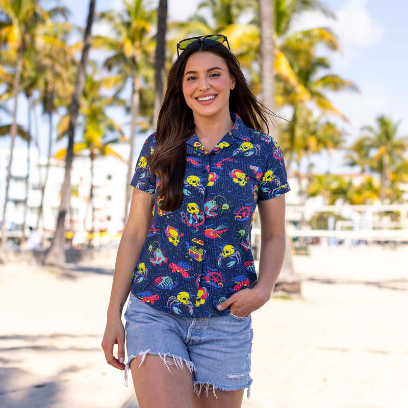 RSVLTS What Lies Beneath Women's Stretch Seersucker Short Sleeve Shirt in Blue — front view