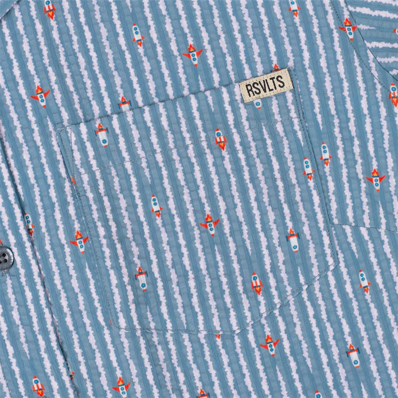 RSVLTS Blast Off! Women's Stretch Seersucker Short Sleeve Shirt in Blue — detail 4