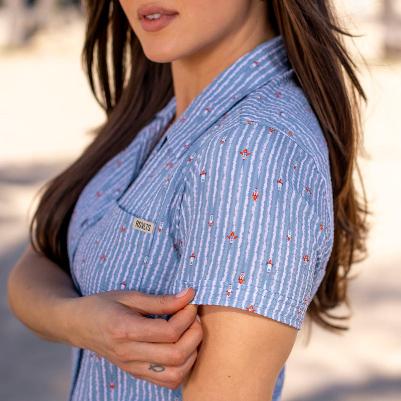 RSVLTS Blast Off! Women's Stretch Seersucker Short Sleeve Shirt in Blue — detail 5