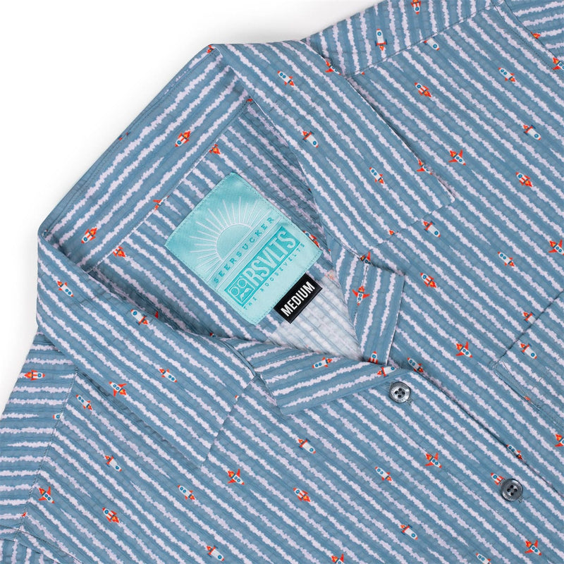 RSVLTS Blast Off! Women's Stretch Seersucker Short Sleeve Shirt in Blue — detail 6
