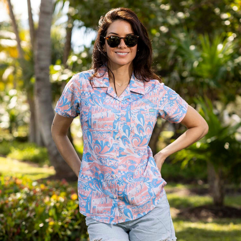 RSVLTS Positano Women's KUNUFLEX Short Sleeve Shirt in Blue — front view