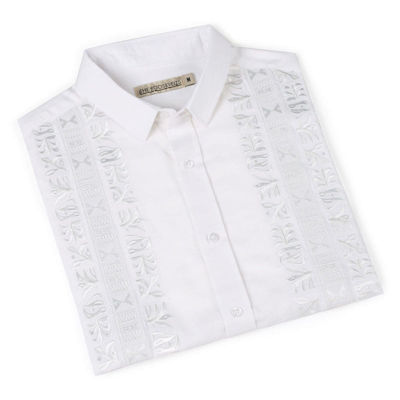RSVLTS Guayabera Bamboo Short Sleeve Shirt in White — detail 6