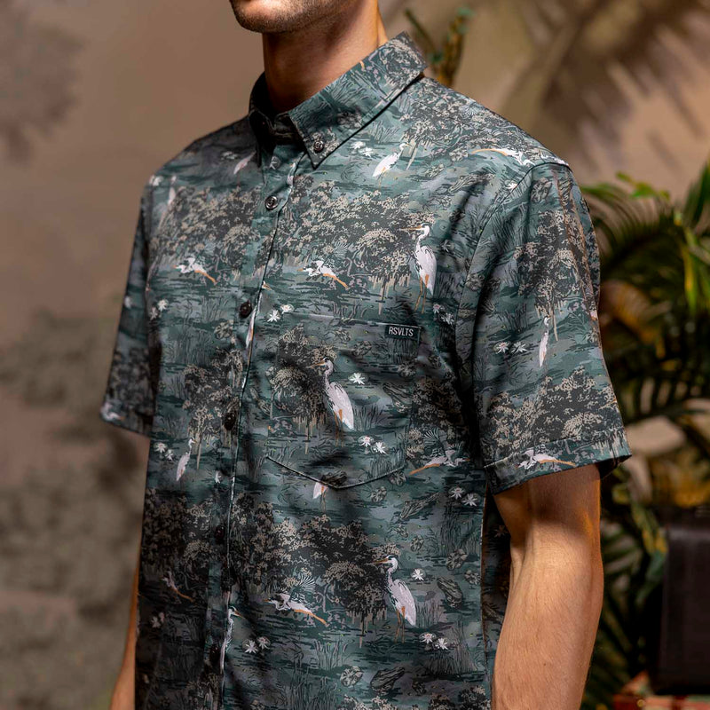 RSVLTS Born On the Bayou KUNUFLEX Short Sleeve Shirt in Green — front view