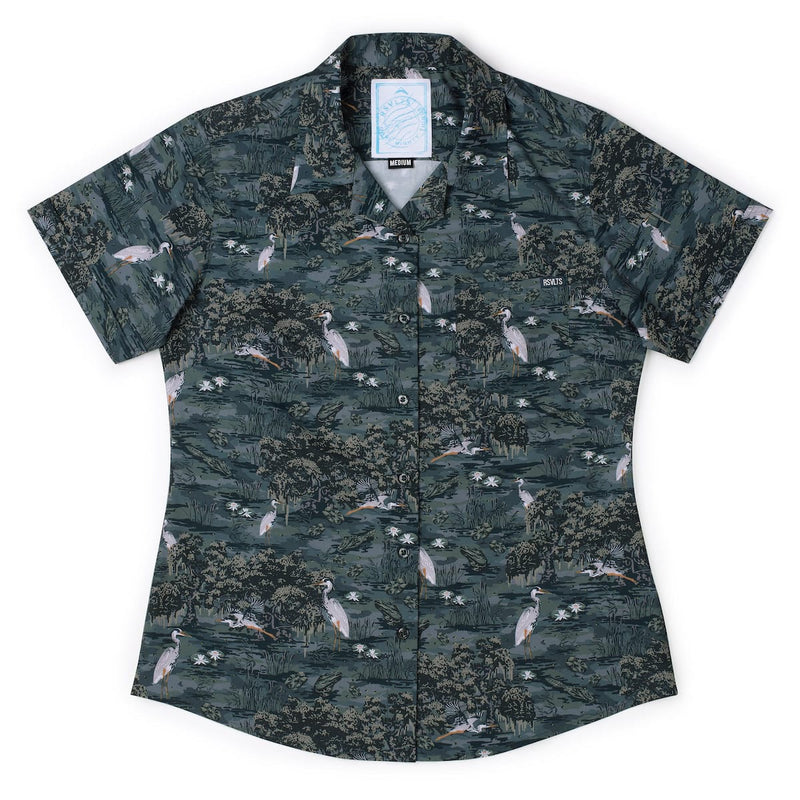 RSVLTS Born On the Bayou Women's KUNUFLEX Short Sleeve Shirt in Green — front view
