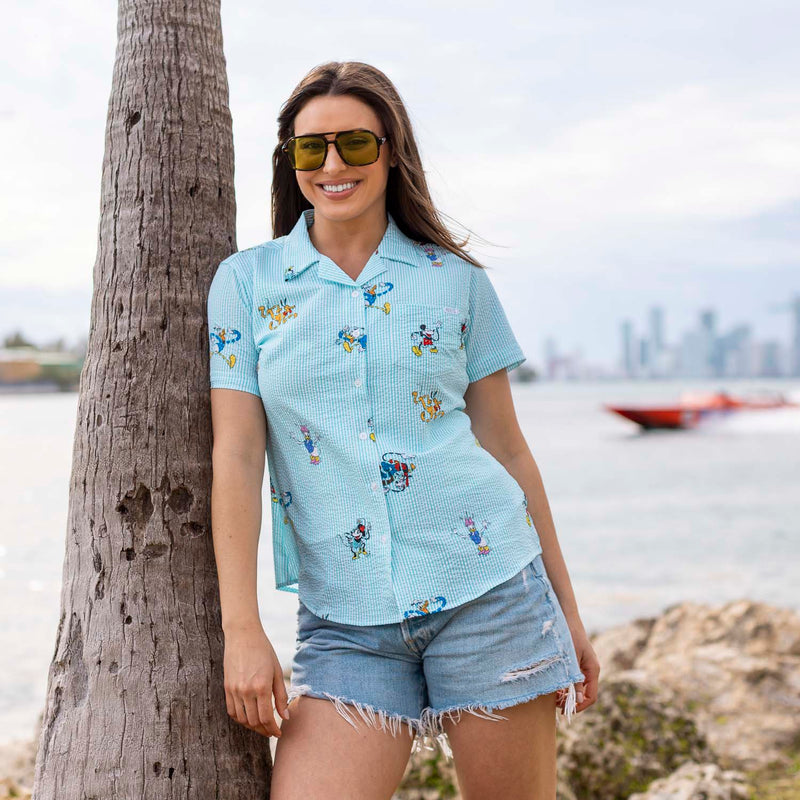 RSVLTS Limber Legends Women's Stretch Seersucker Short Sleeve Shirt in Blue — front view