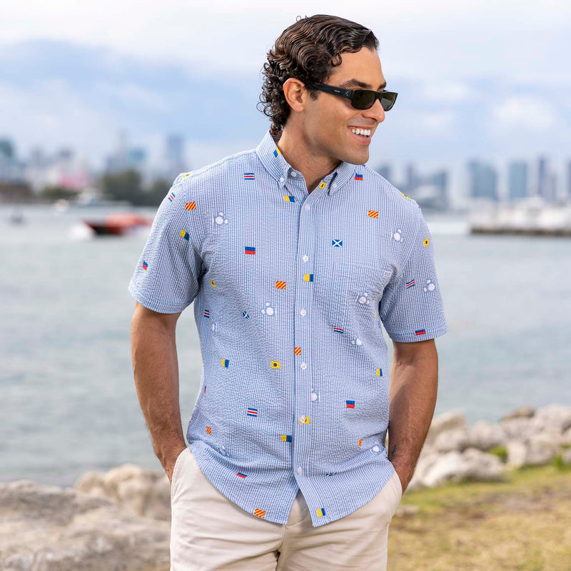 RSVLTS Maritime Mickey Stretch Seersucker Short Sleeve Shirt in Blue — detail 2
