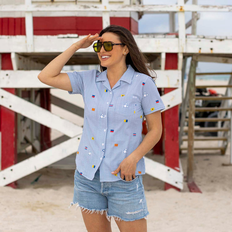 RSVLTS Maritime Mickey Women's Stretch Seersucker Short Sleeve Shirt in Blue — front view