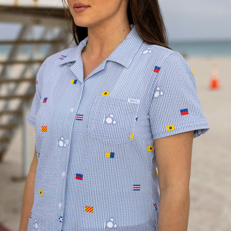 RSVLTS Maritime Mickey Women's Stretch Seersucker Short Sleeve Shirt in Blue — detail 3