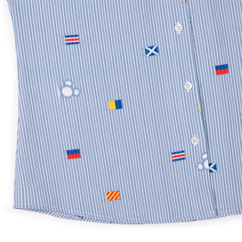 RSVLTS Maritime Mickey Women's Stretch Seersucker Short Sleeve Shirt in Blue — detail 7