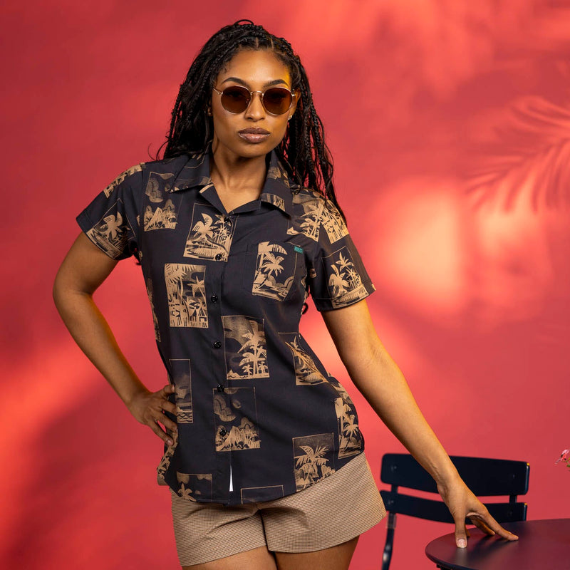 RSVLTS Golden Hour Women's KUNUFLEX Short Sleeve Shirt in Black — front view