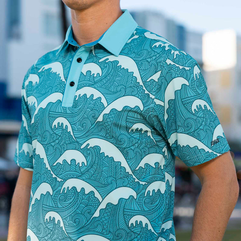 RSVLTS Samoa Waves (Teal) All-Day Polo in Blue — front view