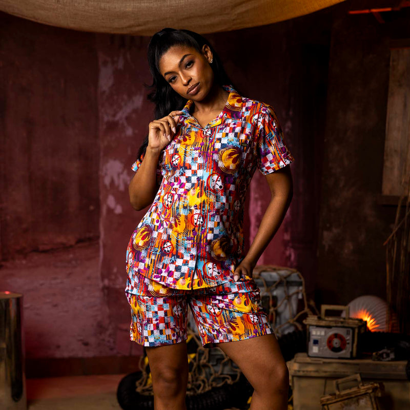 RSVLTS Sabine Wuz Here Women's KUNUFLEX Short Sleeve Shirt in Multicolor — front view