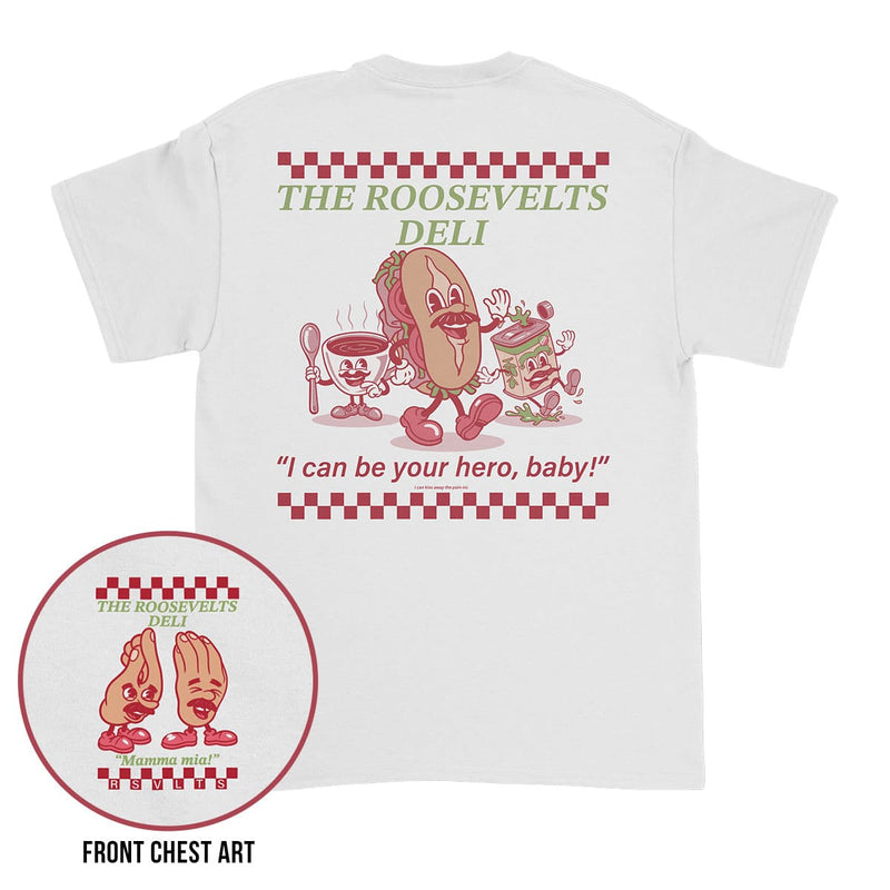 RSVLTS I Can Be Your Hero, Baby! Crewneck Tee in White — front view