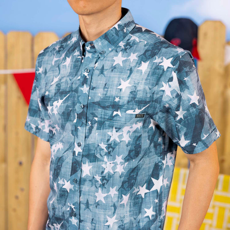 RSVLTS Star-Spangled Banger KUNUFLEX Short Sleeve Shirt in Blue — front view