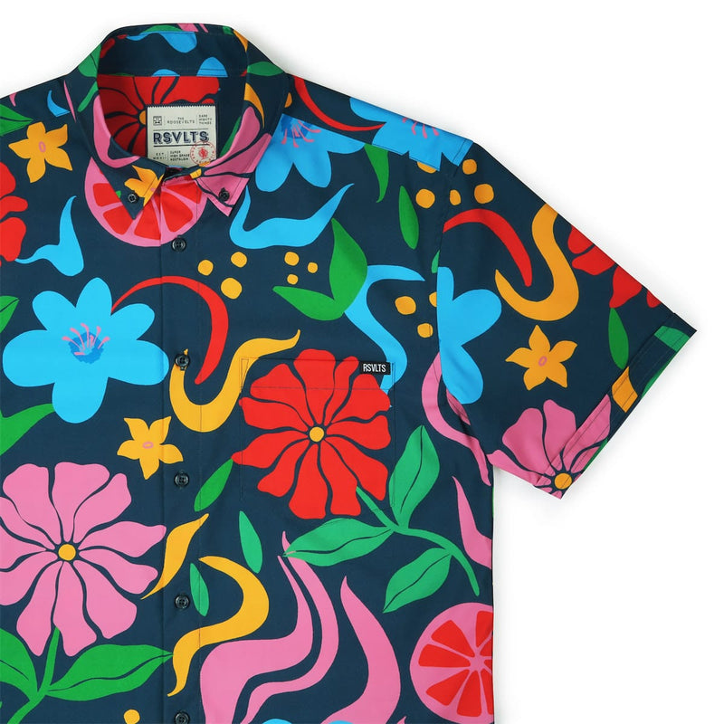 RSVLTS BIG Groovy Garden KUNUFLEX Short Sleeve Shirt in Black — front view