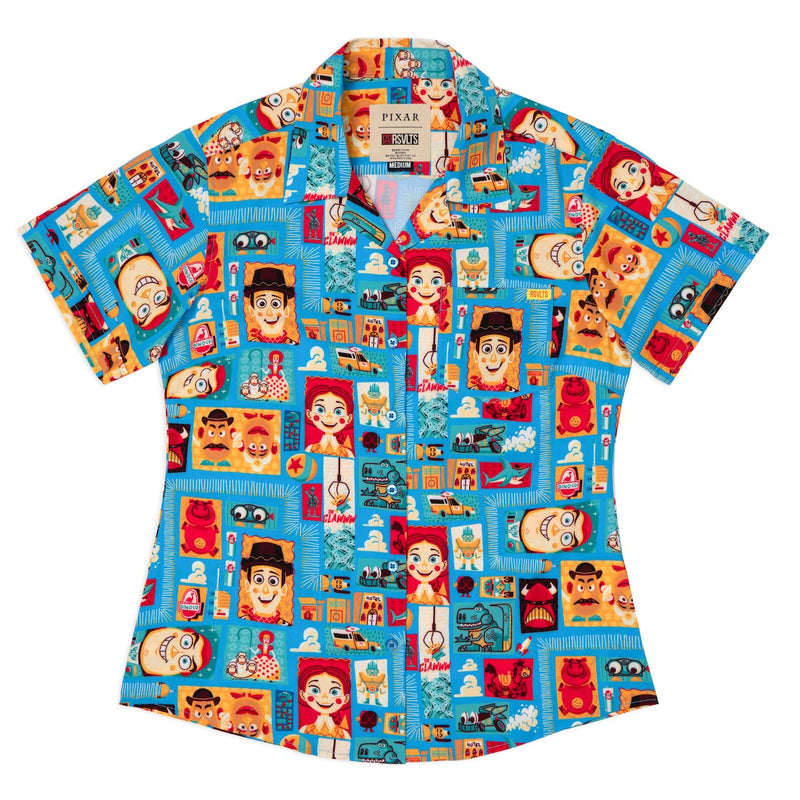 RSVLTS Woodcut Woody & Friends Women's KUNUFLEX Short Sleeve Shirt in Blue — detail 2