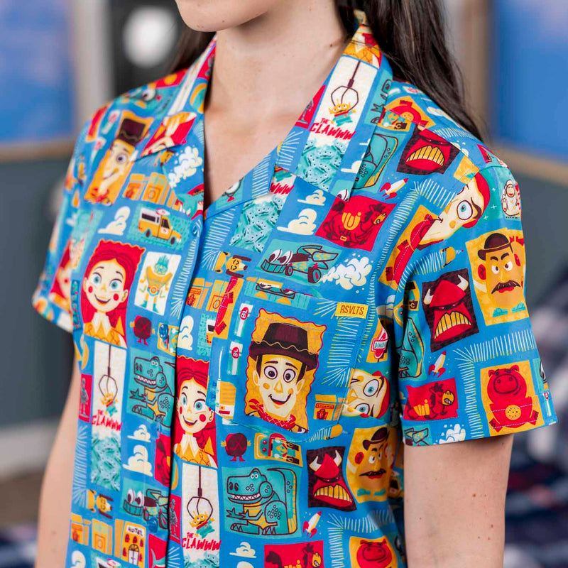RSVLTS Woodcut Woody & Friends Women's KUNUFLEX Short Sleeve Shirt in Blue — detail 3