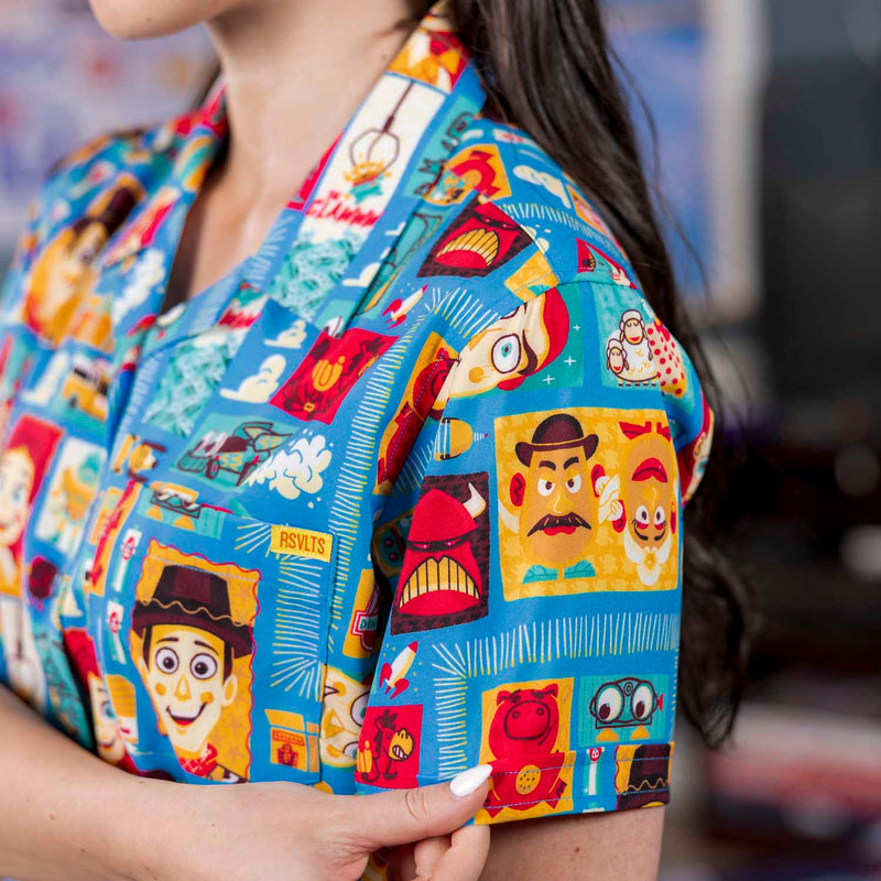 RSVLTS Woodcut Woody & Friends Women's KUNUFLEX Short Sleeve Shirt in Blue — detail 5