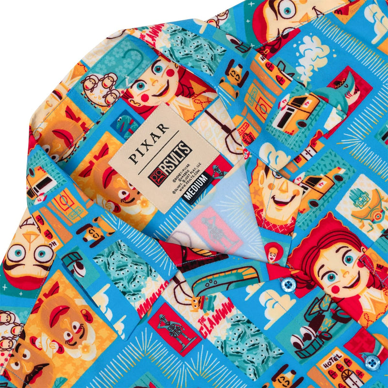 RSVLTS Woodcut Woody & Friends Women's KUNUFLEX Short Sleeve Shirt in Blue — detail 6