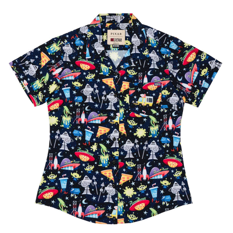 RSVLTS What a Spaceport! Women's KUNUFLEX Short Sleeve Shirt in Black — front view