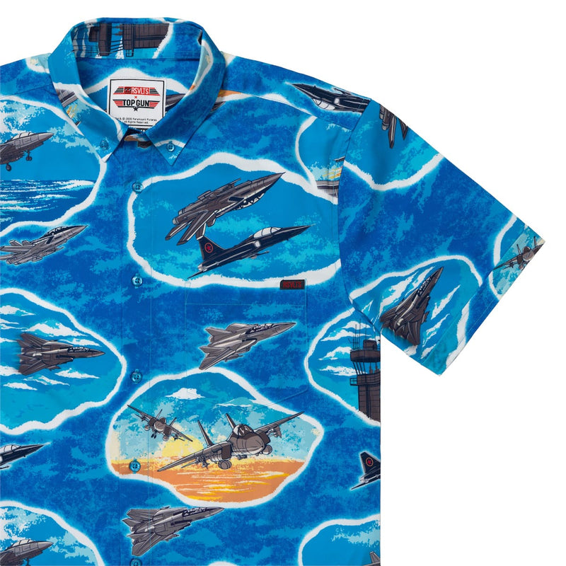 RSVLTS Hey, Goose, Ya Big Stud! KUNUFLEX Short Sleeve Shirt in Blue — front view