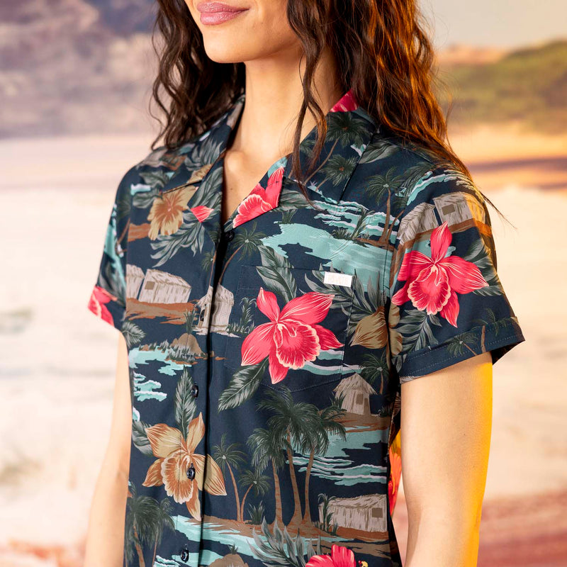 RSVLTS Cabana Noir Women's KUNUFLEX Short Sleeve Shirt in Black — detail 3