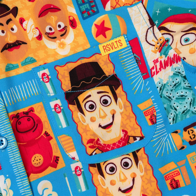 RSVLTS Woodcut Woody & Friends Youth KUNUFLEX Short Sleeve Shirt in Blue — detail 2