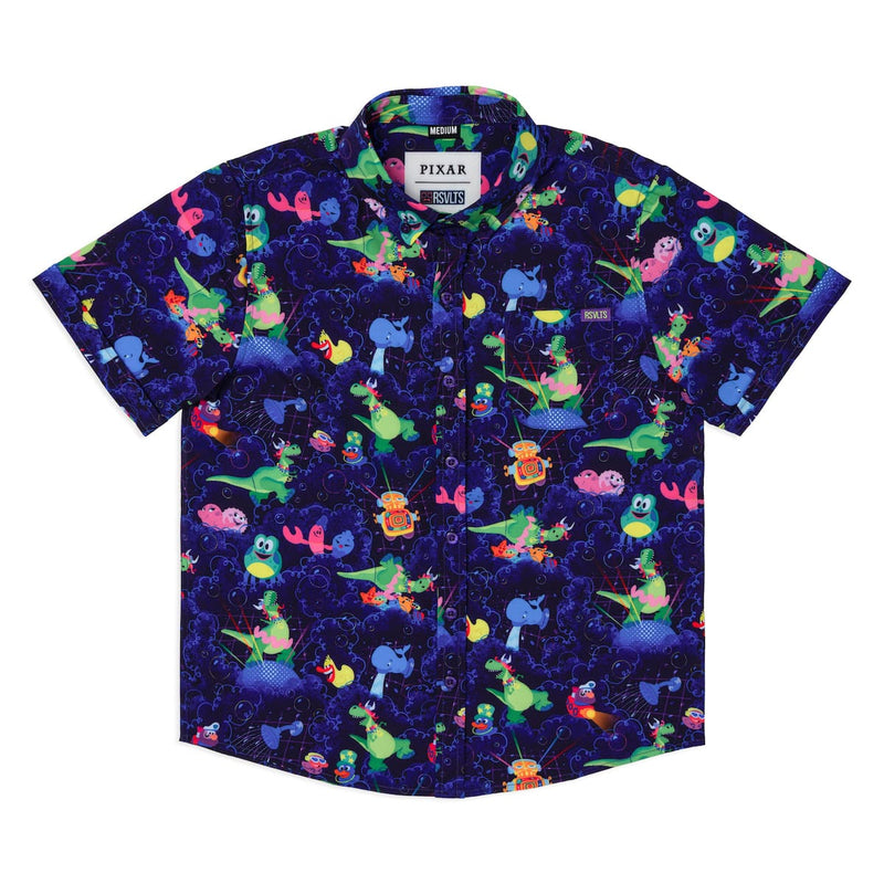 RSVLTS Partysaurus Rex Youth KUNUFLEX Short Sleeve Shirt in Purple — front view