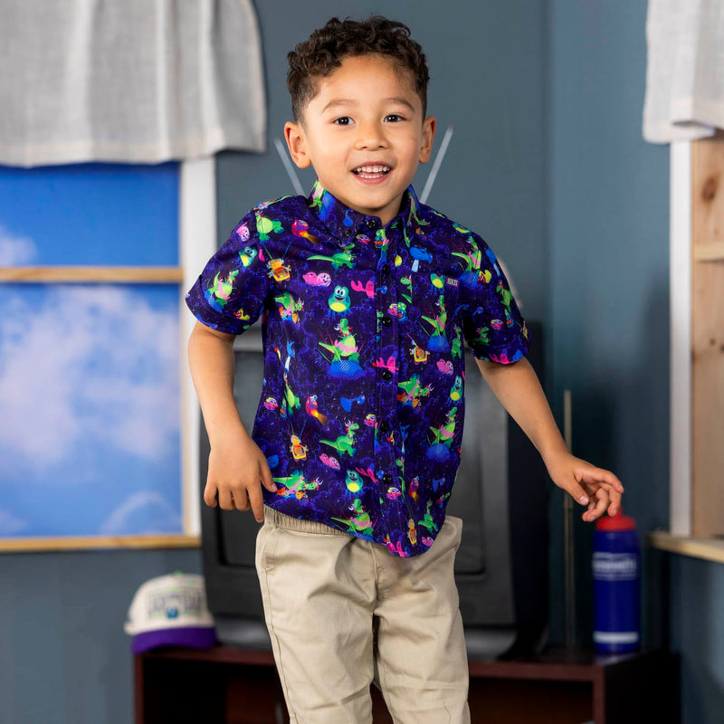RSVLTS Partysaurus Rex Preschool KUNUFLEX Short Sleeve Shirt in Purple — front view