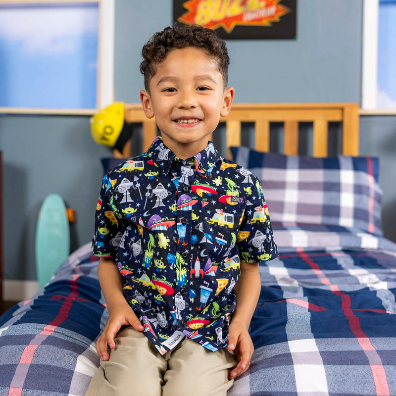 RSVLTS What a Spaceport! Preschool KUNUFLEX Short Sleeve Shirt in Black — front view