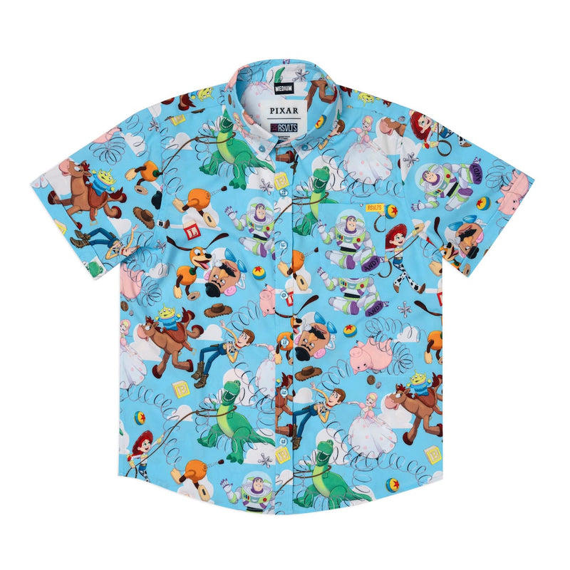 RSVLTS Andy's Toy Box Youth KUNUFLEX Short Sleeve Shirt in Blue — front view