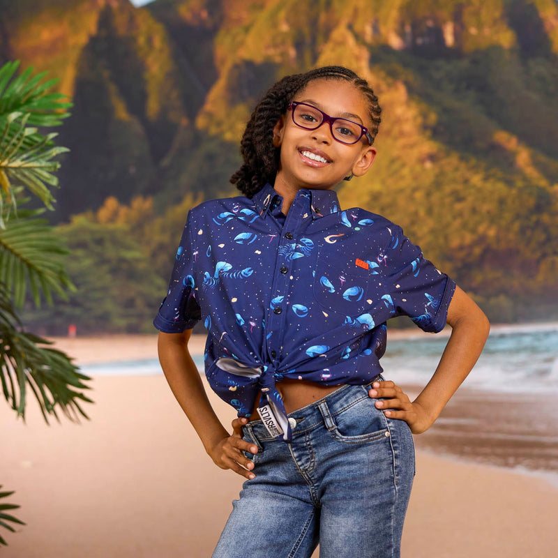 RSVLTS I’d Rather Be Shiny Youth KUNUFLEX Short Sleeve Shirt in Blue — front view