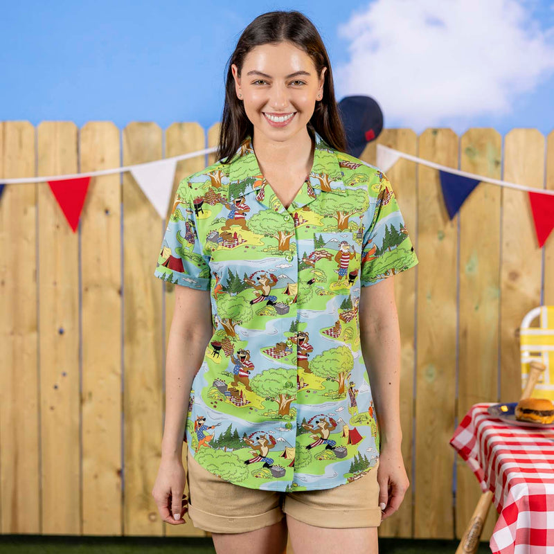 RSVLTS Forest Fourth Women's KUNUFLEX Short Sleeve Shirt in Green — front view