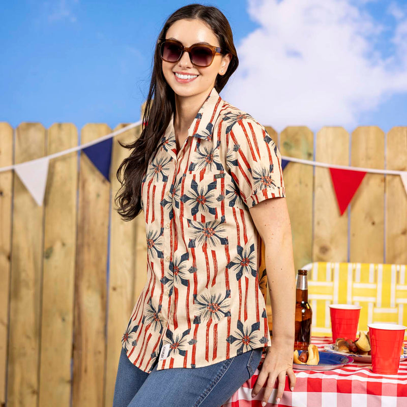 RSVLTS Liberty in Bloom Women's KUNUFLEX Short Sleeve Shirt in Blue — front view