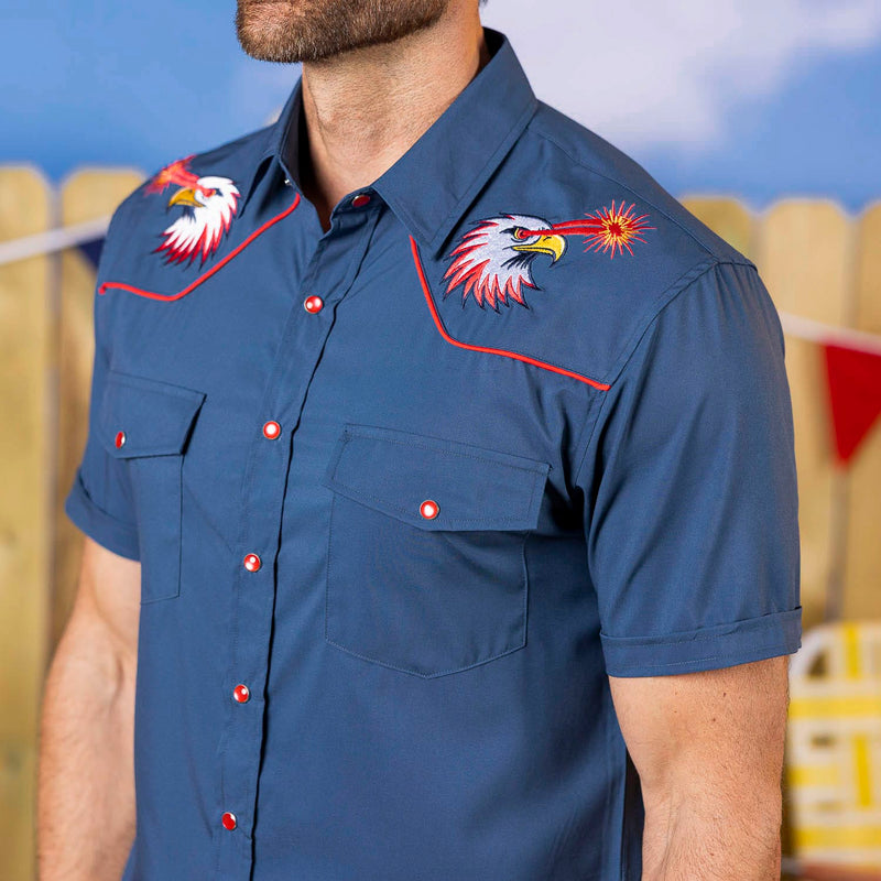 RSVLTS Red Glare Roper Short Sleeve Shirt in Blue — front view