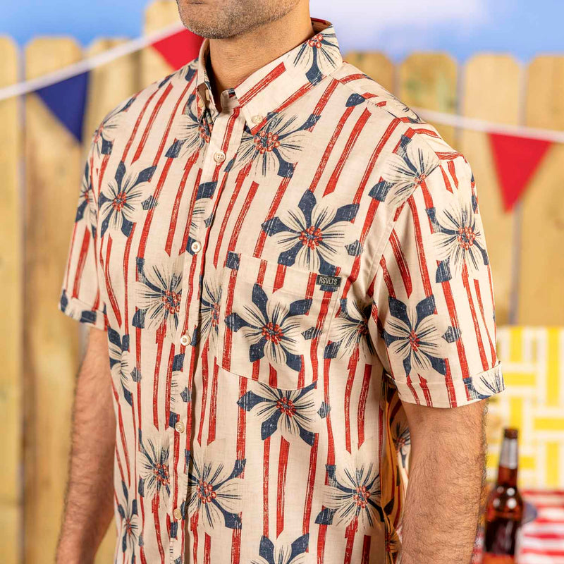 RSVLTS Liberty in Bloom KUNUFLEX Short Sleeve Shirt in Blue — front view