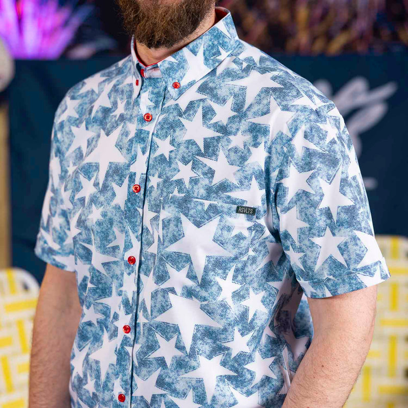 RSVLTS Bold Glory ('94) KUNUFLEX Short Sleeve Shirt in Blue — front view