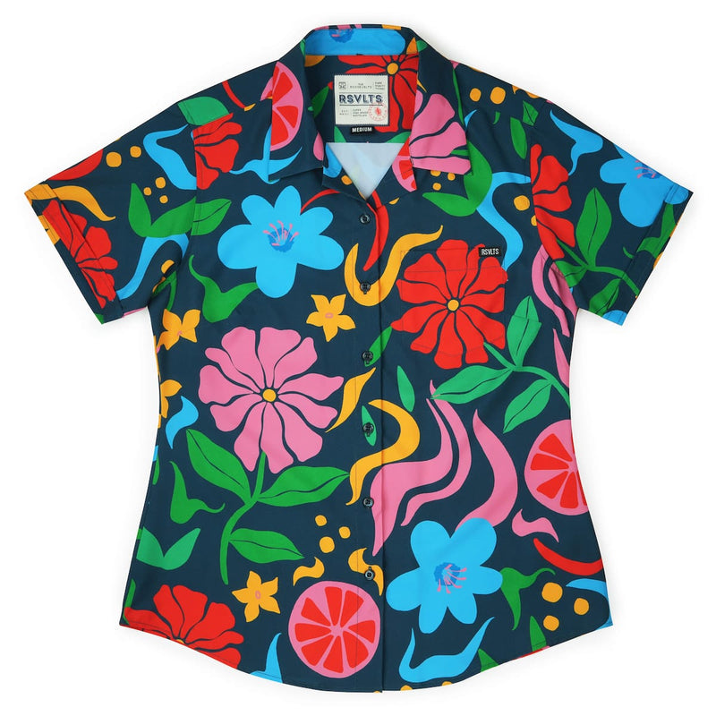 RSVLTS BIG Groovy Garden Women's KUNUFLEX Short Sleeve Shirt in Black — front view