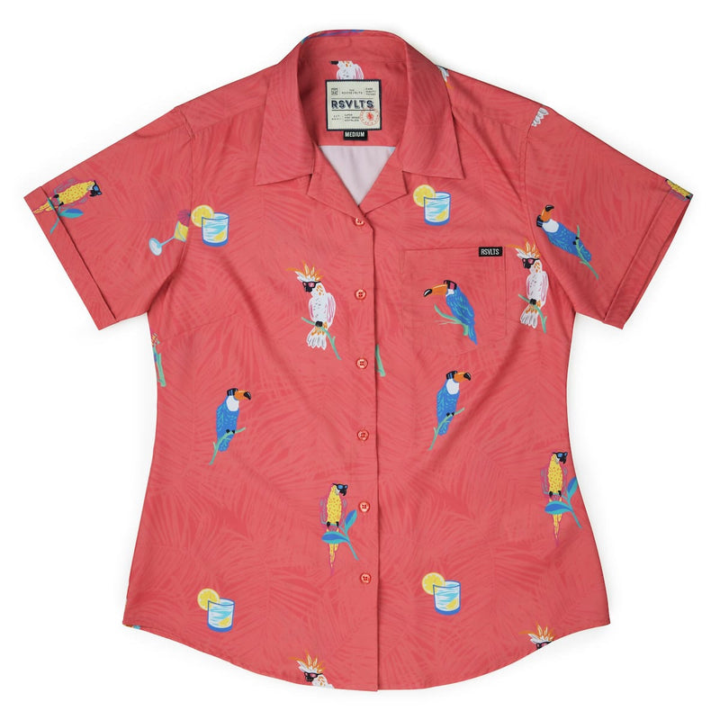 RSVLTS BIG Tropical Flocktails Women's KUNUFLEX Short Sleeve Shirt in Pink — front view