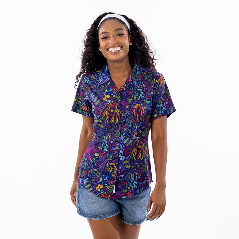 RSVLTS Neon Block Party Women's KUNUFLEX Short Sleeve Shirt in Black — front view