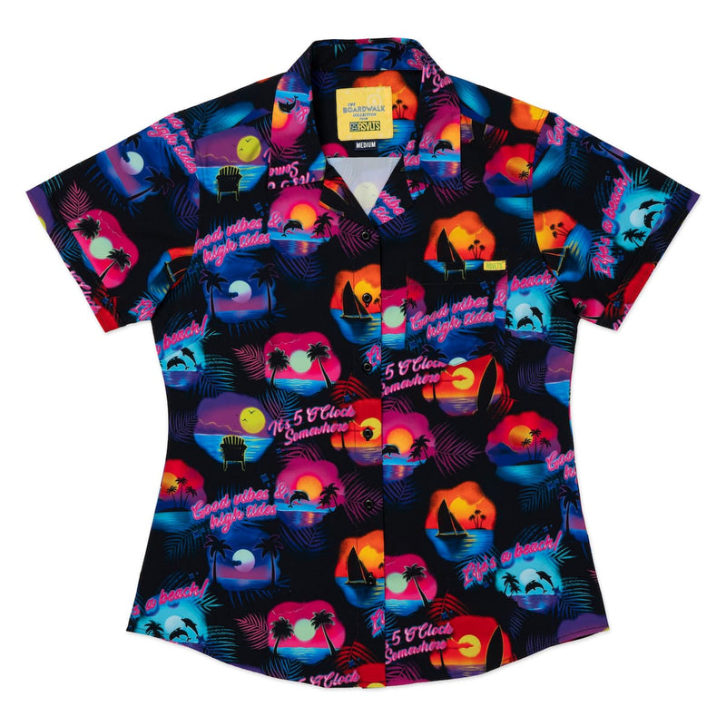 RSVLTS Airbrush Tropic Women's KUNUFLEX Short Sleeve Shirt in Black — front view