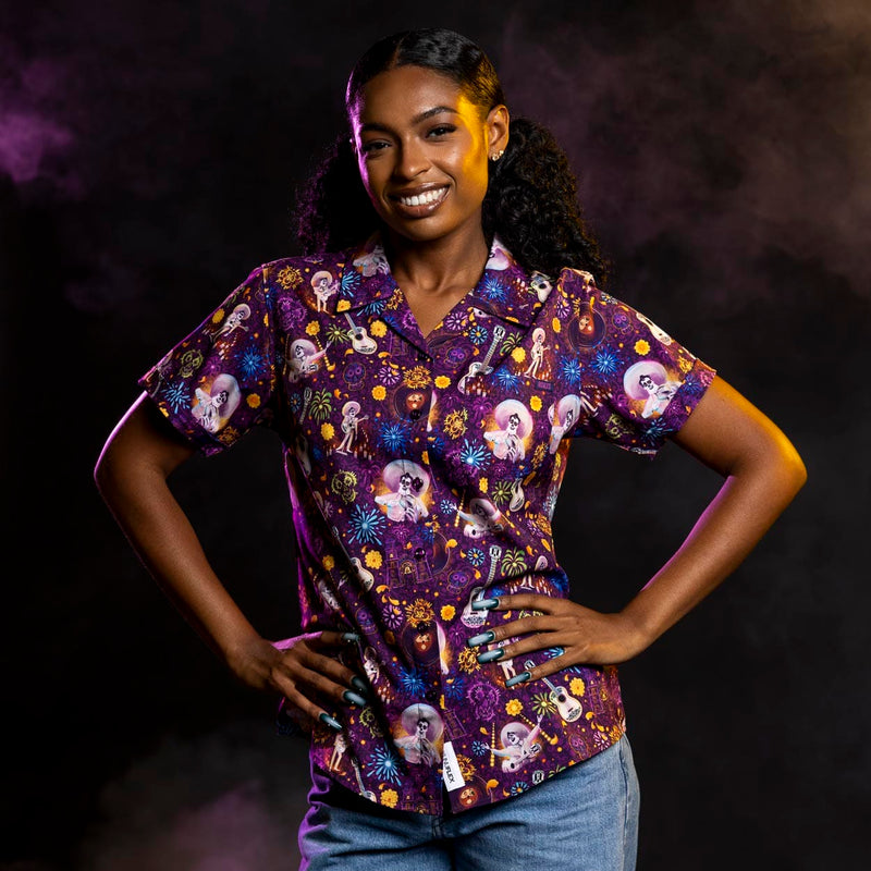 RSVLTS Remember Me Women's KUNUFLEX Short Sleeve Shirt in Purple — front view