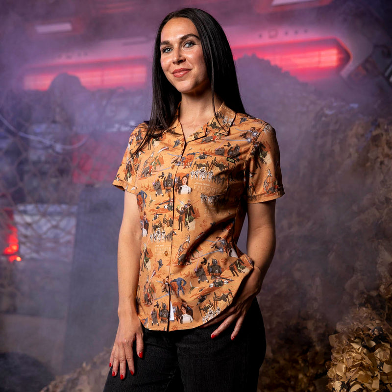 RSVLTS This Slumber Party's Over Women's KUNUFLEX Short Sleeve Shirt in Orange — front view