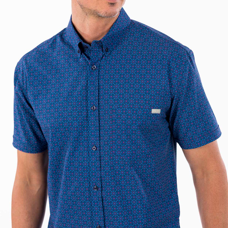 RSVLTS Quantum Kaleidoscope KUNUFLEX Short Sleeve Shirt in Blue — front view