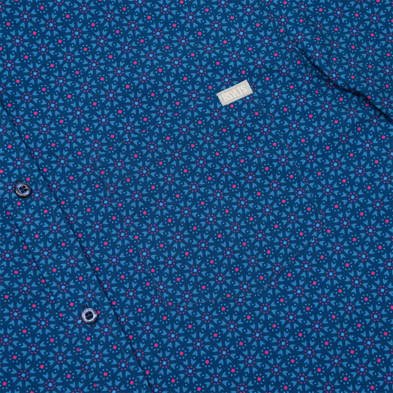RSVLTS Quantum Kaleidoscope KUNUFLEX Short Sleeve Shirt in Blue — detail 4