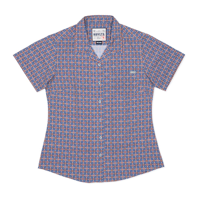 RSVLTS Spanish Tile Women's KUNUFLEX Short Sleeve Shirt in Blue — front view