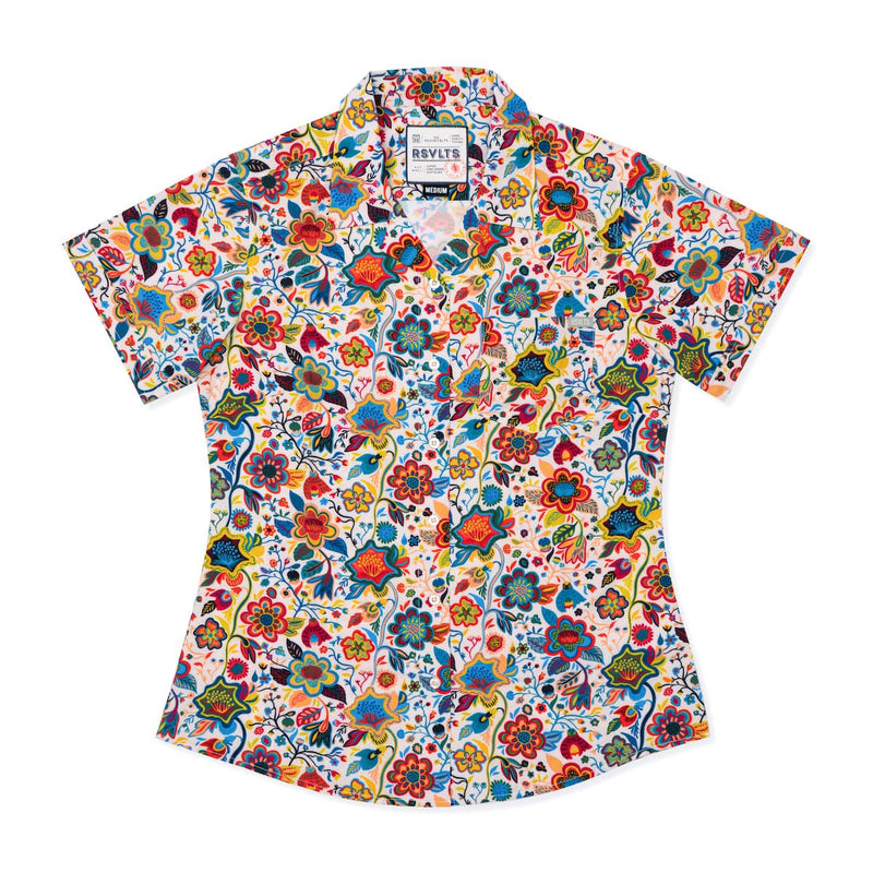 RSVLTS Lush Summer Daydream Women's KUNUFLEX Short Sleeve Shirt in Multicolor — front view