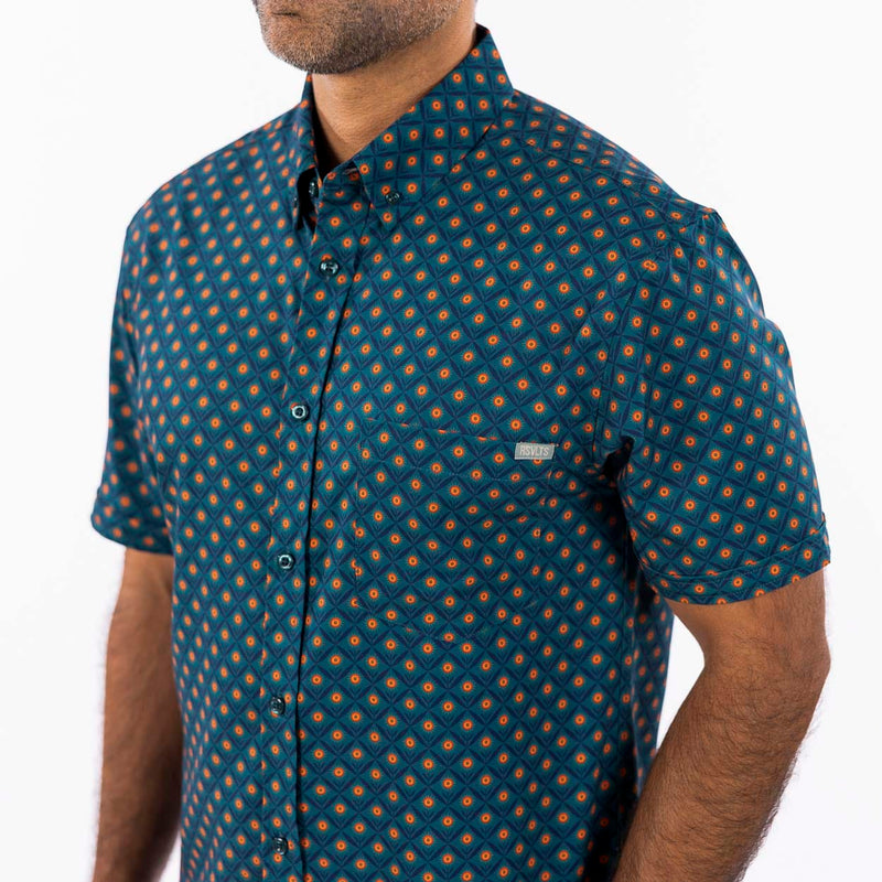 RSVLTS Here Comes the Sunflower KUNUFLEX Short Sleeve Shirt in Blue — front view