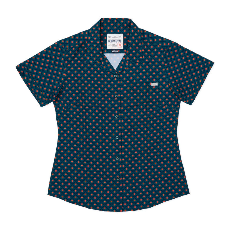 RSVLTS Here Comes the Sunflower Women's KUNUFLEX Short Sleeve Shirt in Blue — front view